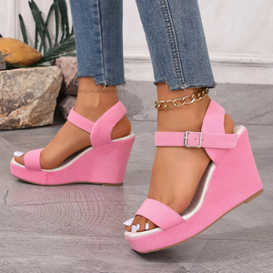 Sandales compensées en daim à bout carré pour femme, nouvelle collection été, style européen et américain, semelle épaisse, sandales romaines, vente en gros - Product Image 1