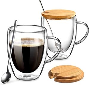 Offre Spéciale : Tasses à café isothermes en verre à double paroi avec poignée, couvercles en bambou, résistantes à la chaleur, et tasses à thé avec soucoupes pour expresso - Product Image 1