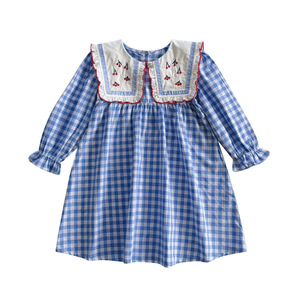 Vestido <span class=keywords><strong>Infantil</strong></span> de Otoño 2025, Estilo Coreano, con Bordado de Cerezas a Cuadros, Manga Abullonada, Manga Larga, Dulce - Product Image 1