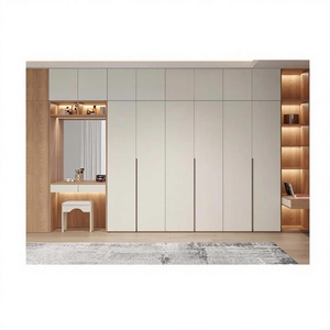 Armoire en bois blanc crème à lumière chaude avec coiffeuse intégrée et vitrine latérale, mobilier de chambre - Product Image 1