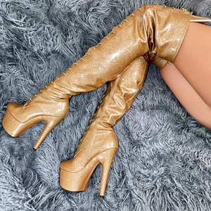 Xinzirain personalizado Glitterati señoras tacón fino hebilla cremallera <span class=keywords><strong>plataforma</strong></span> zapatos de cuero mujeres encaje hasta el muslo tacón alto <span class=keywords><strong>botas</strong></span> Sexy - Product Image 3