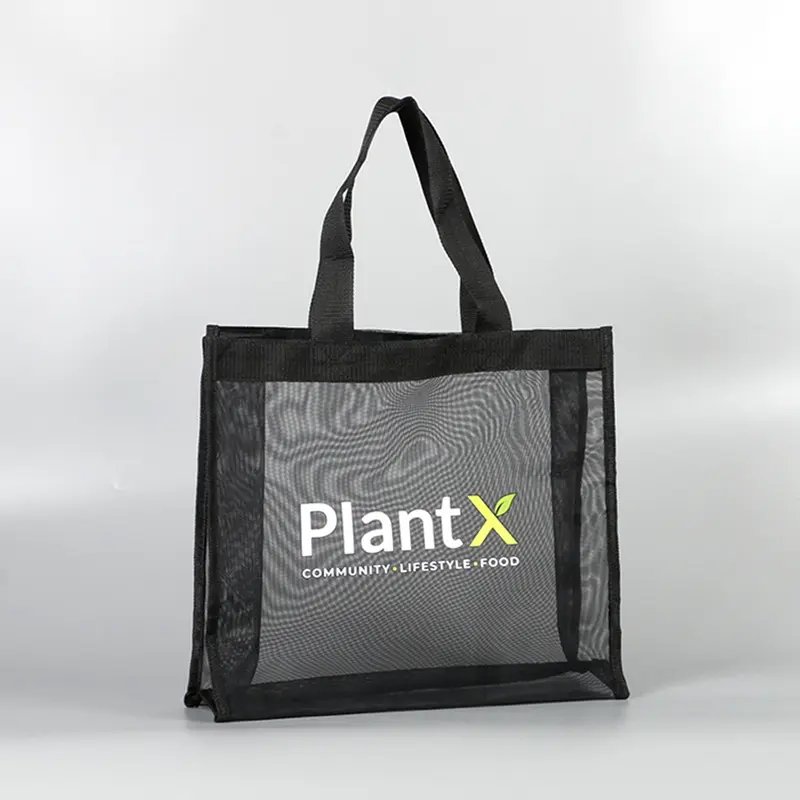 Benutzer definierte transparente Einkaufstasche Mumie Nylon Mesh Fitness Strand tasche gedruckt Organza schwarz Einkaufstasche mit Logo benutzer definierte