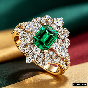 Luxury Women's 18K Solid <b>Gold</b> Emerald Cut <b>Cocktail</b> <b>Ring</b> With Pave Diamond Flower Design Engagement Style - Product Image 4