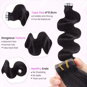 Extensions de cheveux humains 100% naturels ondulés à bandes adhésives pour femmes, couleur noir naturel, avec colle adhésive - Product Image 3