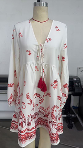SHENZHU Nouvelle collection été 2025 – Robe courte ample à manches longues pour femme, imprimé floral rétro, col en <span class=keywords><strong>V</strong></span>, style <span class=keywords><strong>Su</strong></span> Sui, 5029104 - Product Image 2