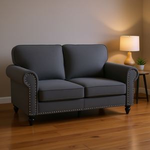 Canapé deux places Mid-Century Modern en tissu gris anthracite, dossier rigide, accoudoirs roulés, garniture cloutée, mobilier de salon - Product Image 2