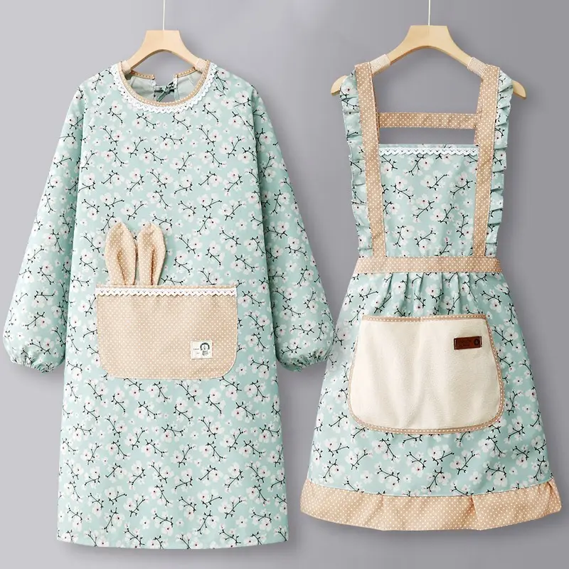 Hot Stylish Flower Pattern Fashion Floral Cotton Chef Household Adult Cooking Cook Womens Ruffled Apron Bib with Pockets