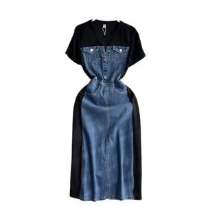 النمط الكوري مزاجه أكمام قصيرة جولة الرقبة الخصر ضئيلة الدنيم الربط فستان على شكل حرف A-خط اللباس عارضة تي شيرت اللباس - Product Image 2