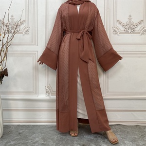 1937# Polka Dot Open Abaya With Scarf White Inner Dress Soft Polyester <b>Summer</b> Modest Fashion Long Sleeve Dubai Abaya - Product Image 2