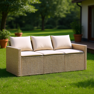 Sofá de Patio de 3 Plazas en Poliratán Beige con Cojines, Sofá de Jardín para Exteriores, Diseño Contemporáneo, Ratán de PE Resistente a los Rayos UV - Product Image 2