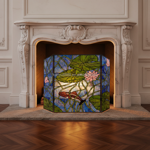 Écran de cheminée Tiffany en verre teinté, style campagnard européen, motif lotus et poissons, en étain massif, 40''*28'' - Product Image 1