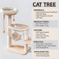 Grande structure d'escalade pour chat en bois multicouche de luxe de 104 cm, tour pour chat moderne avec hamac capsule spatiale et griffoir en sisal premium