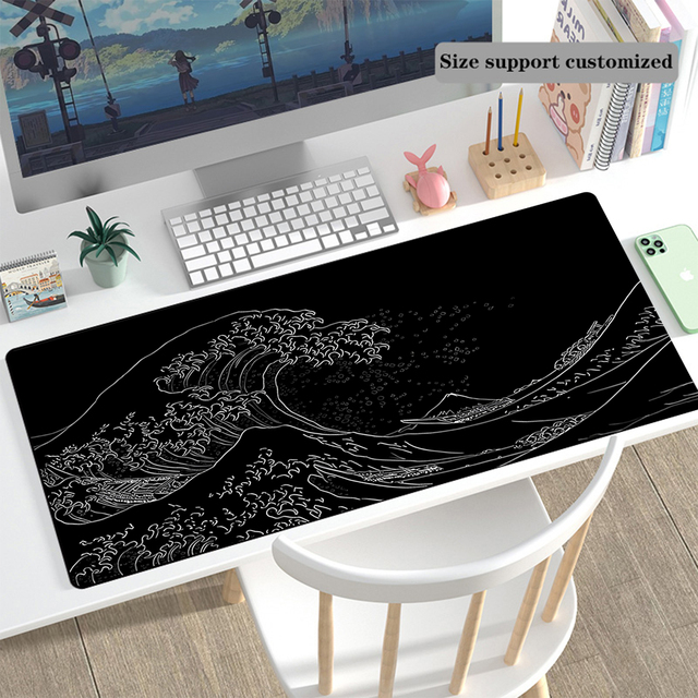 OEM Japanese Simple Line Sea Wave Customizable Gaming Mouse Pad Anime Black Large Non-Slip Rubber Base Stitched Edges Water