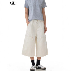 Pantalones Cortos Anchos Unisex 11KN Personalizados con Diseño Desestructurado - Culottes de Sarga de Algodón Lavado con Costuras Deshilachadas |   Shorts de Trabajo Vintage con Dobladillo Deshilachado - Product Image 2