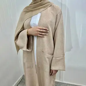 Custom Luxury Natural Linen Abaya Women Modest Dress Solid Color Prayer Clothes Muslim Dubai Abaya