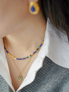 <span class=keywords><strong>Jojo</strong></span> สร้อยคอทองเหลืองพร้อมดาวสี่ดวงสร้อยคอกระดูกไหปลาร้าลูกปัดสีฟ้าครามธรรมชาติเพชรหักทองสำหรับวันครบรอบ - Product Image 4