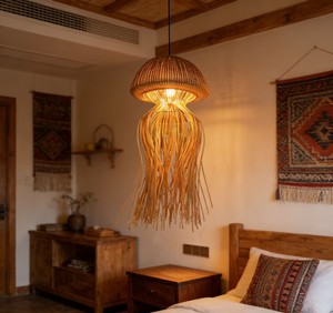 Lámpara de Techo LED de Ratán Natural Tejida a Mano, <span class=keywords><strong>Luz</strong></span> Blanca Cálida Regulable, Pantalla Creativa con Forma de Medusa para Iluminación de Villas y Hoteles de Lujo - Product Image 5