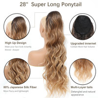 Extension de queue de cheval synthétique haut de gamme à cordon, ondulations Water Wave et Body Wave, 28 pouces, marron bouclé ondulé, application facile pour femme