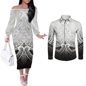 Polynesian Tribal Print black and white clothing couple clothes women Dresses Off Shoulder Dresses Match Long Sleeve Men Shirts