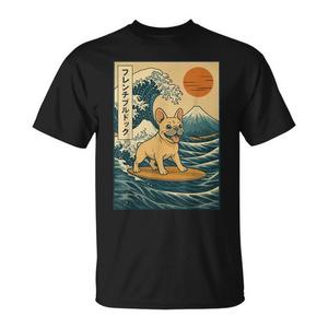 T-shirt giapponese con stampa bulldog francese che fa surf, unisex, taglia media per adulti - Product Image 1