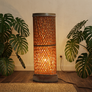 Handcrafted Large Cylinder Bamboo Table Lamp Shade with <b>Wooden</b> Base Dual Layer Woven Tower Desk <b>Light</b> <b>Fixture</b> Wholesale - Product Image 6