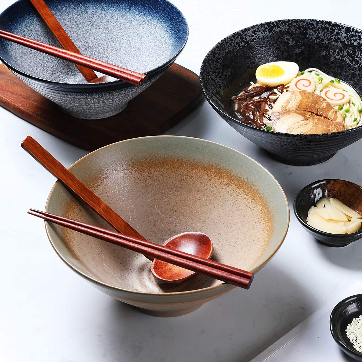 Bol Ramen Japonais Ainbonte - 2 Sets (6 Pièces) - 1000ml - Avec Baguettes & Cuillères - Mélamine