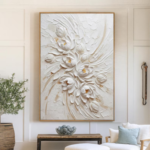 Grande Dipinto a Olio su Tela con Motivi Floreali Bianchi, Arte Murale 3D <span class=keywords><strong>di</strong></span> Loto Dipinta a Mano, Decorazione Minimalista Neutra <span class=keywords><strong>per</strong></span> <span class=keywords><strong>Camera</strong></span> <span class=keywords><strong>da</strong></span> <span class=keywords><strong>Letto</strong></span> Moderna - Product Image 1