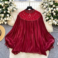 Camisas Casuales de Manga Larga con Cuello Redondo y Mangas Farol con Diamantes para Mujer, Tops Casuales para Mujer, Ropa al por Mayor