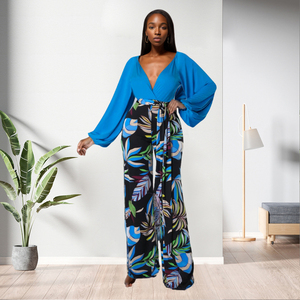 High Quality <b>Sexy</b> Deep V Puff Sleeve Crop Top Leaf Print 2 Piece Pants <b>Set</b> Fashion - Product Image 3