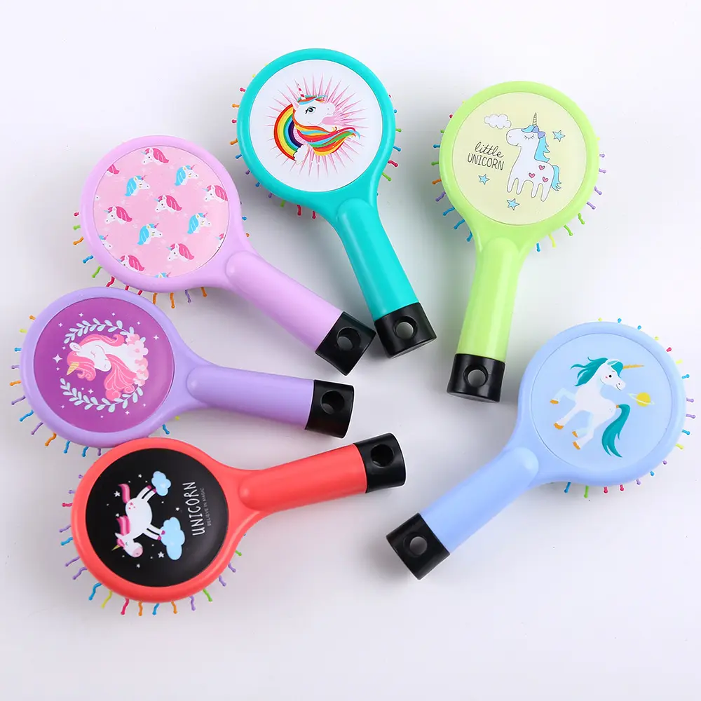 Rainbow Volume Brushes Detangling S-Curve Ball Tipped Air Round Paddle Hair Brushes Kids Hair Brush with Cartoon Pictures