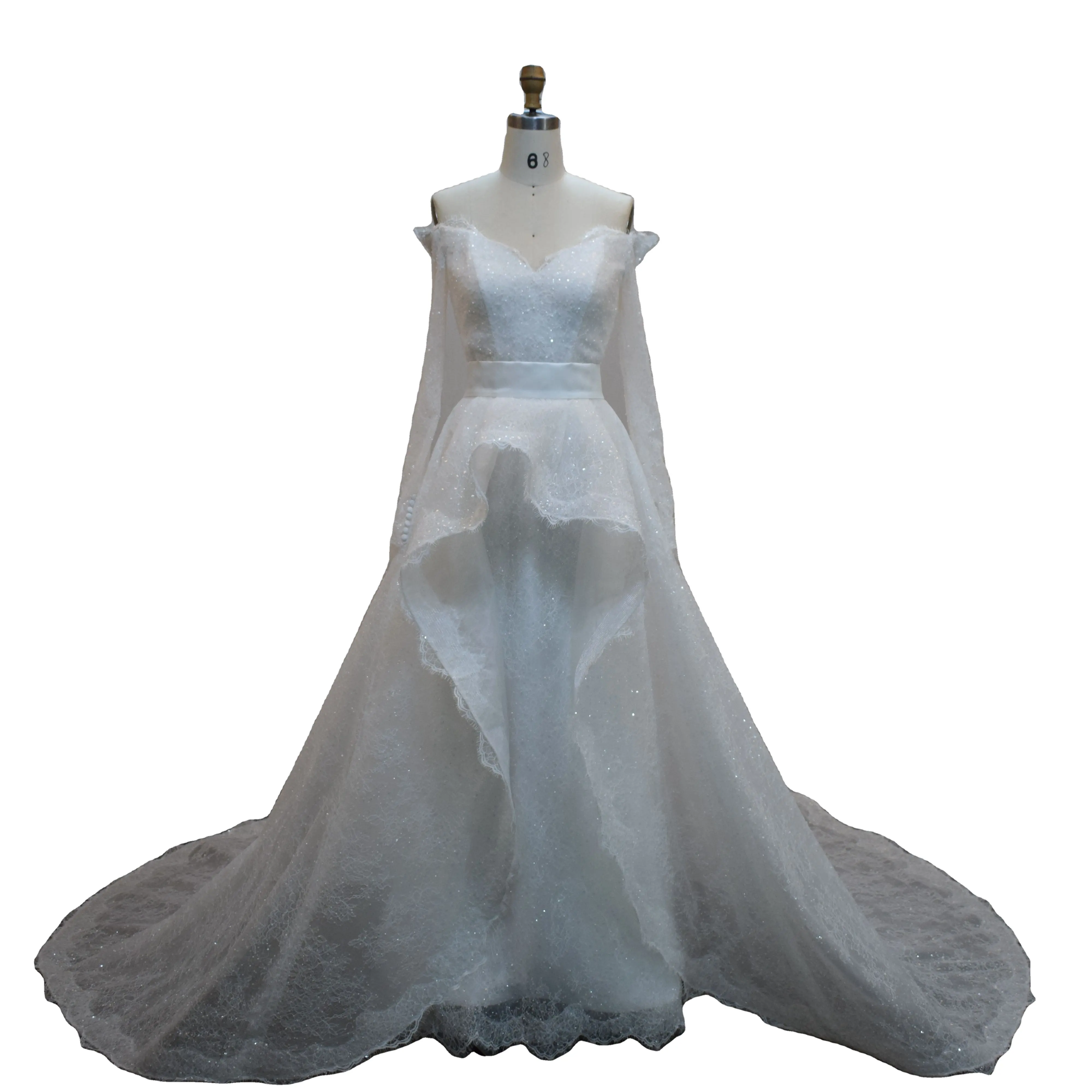 Glamorous bir çizgi askısız kapalı omuz uzun kollu sevgiliye boyun glitter tül at kılı tasarım gelin elbise