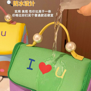 Cute Dopamine Mini Makeup Bag Large Capacity Waterproof Portable Storage For Women With Soft Handle And Splicing Design - Product Image 2