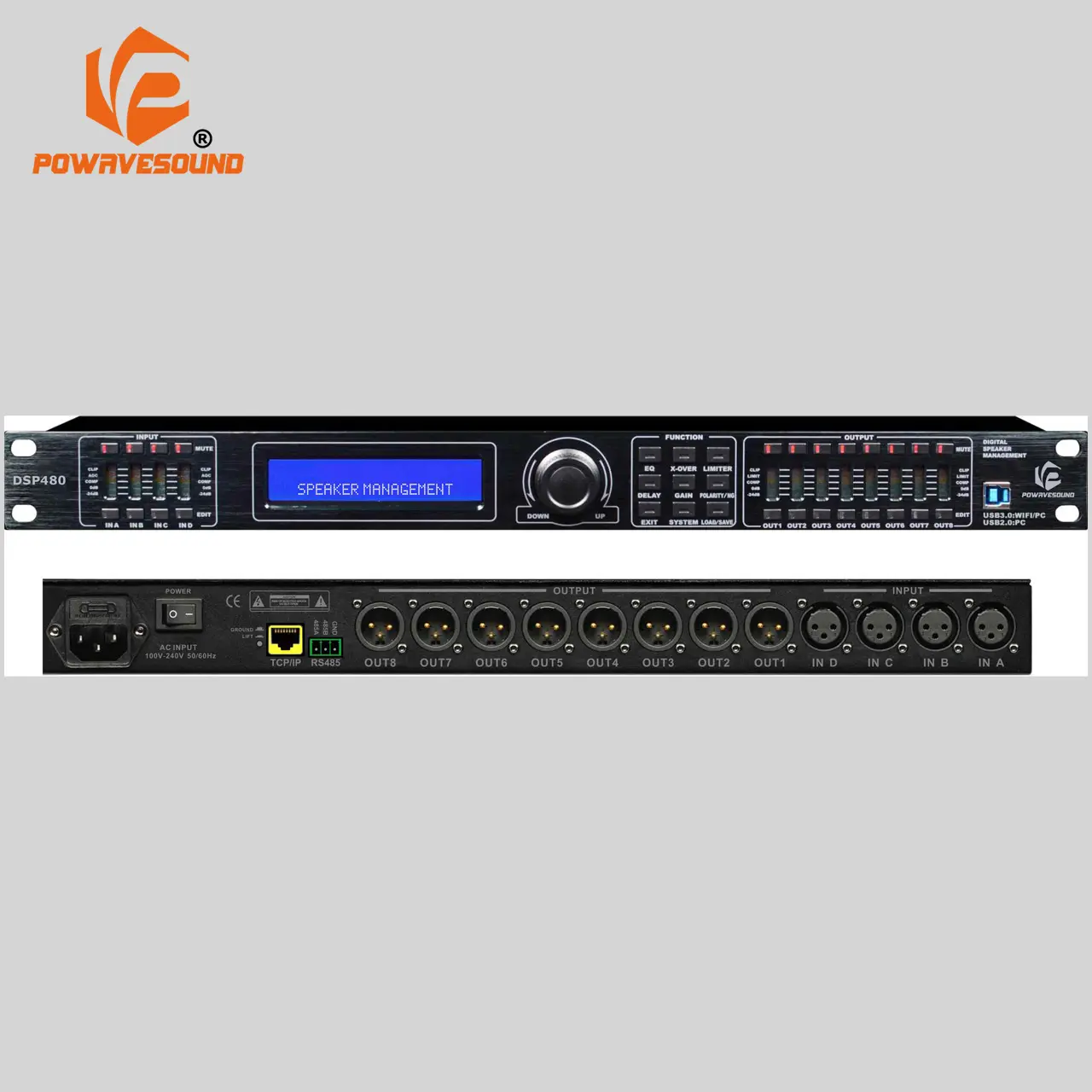 पेशेवर डिजिटल ऑडियो प्रोसेसर में बाहर 8 में 2 और 4 8 बाहर डीएसपी स्पीकर प्रबंधन प्रणाली डिवाइस एफएम powavesound चीन