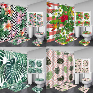 Hawaïen Hibiscus Fleur <span class=keywords><strong>Palmier</strong></span> Tortue <span class=keywords><strong>Feuille</strong></span> Botanique Tissu 4 pcs Rideau De Douche Tropical avec Crochets - Product Image 1