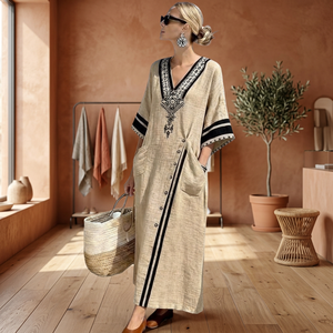 Boho Embroidered Linen Maxi <b>Dress</b> V-Neck Short Sleeve Loose Fit Breathable <b>Summer</b> Casual Wear <b>With</b> <b>Pockets</b> - Product Image 3