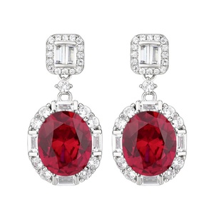 Vintage Jewelry Eco-friendly Copper Silver Plated Oval Cut 10*12mm Red Zircon Halo Dangle Drop <b>Earrings</b> for Women - Product Image 1