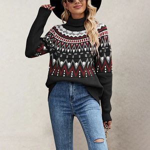 Pull en tricot jacquard rétro pour femme, col haut, ample, manches longues, chaud pour l'hiver, anti-boulochage - Product Image 2