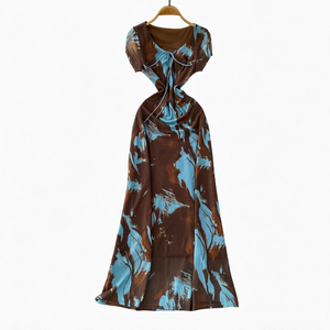 Robe longue respirante pour femme à imprimé floral, col en V, manches courtes, avec détail nœud papillon, collection Printemps/Été, vente en gros - Product Image 2