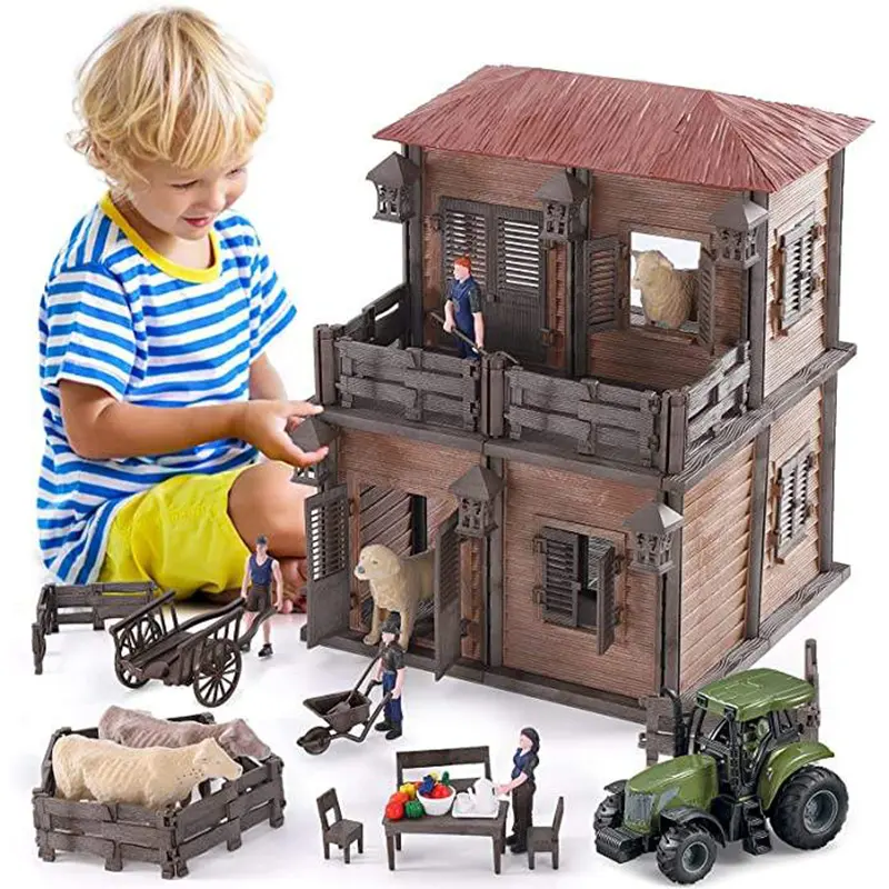 Hayvan Action Figure DIY çiftlik evi setleri traktör sürtünme çiftlik kamyonu oyun seti DIY montaj çiftlik bebekler ev modeli oyuncaklar