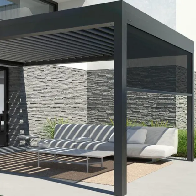 Pérgola retráctil de aluminio impermeable para terraza al aire libre, automática, deslizante y plegable