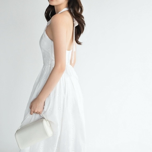 Robe midi décontractée sans manches en coton tissé blanc à col licou et dentelle, coupe trapèze, printemps-automne, personnalisable OEM ODM - Product Image 2