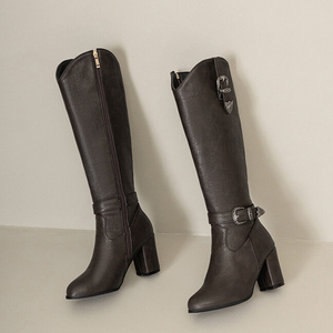Big Size 52 Chunky Heels Belt Metal Buckles Shoes Women V-shaped Top Knee High Boots Side Zipper Wide Fit Long <b>Booties</b> - Product Image 4