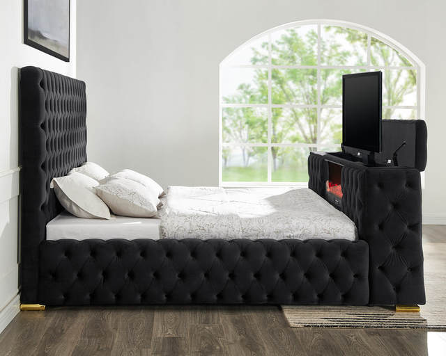 Luxury Modern Velvet Upholstered Soft Bedroom Set Queen/King Size Bed with TV Footboard Motorized Lift Wood Frame Storage