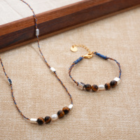 Collier et bracelet en corde tressée avec perles en œil de tigre et laiton, faits à la main, pour femmes, bijoux vintage à porter au quotidien
