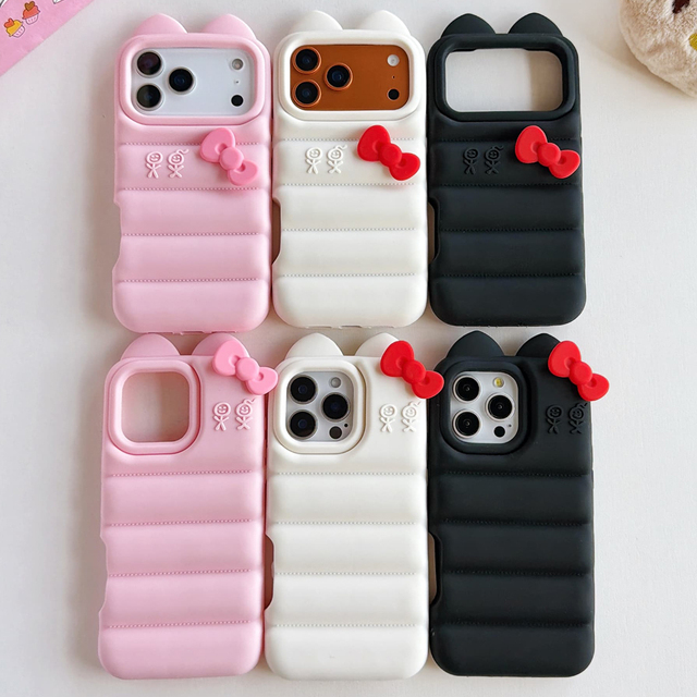 3D Cute Kitty Cat Bowknot Soft Silicone Phone Case for Apple iPhone 13 14 15 16 17 Pro Max the Puffer Shockproof Cover Shell