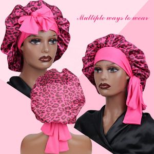 Gorro de <span class=keywords><strong>Dormir</strong></span> SOLPOP Personalizado con Estampado de Leopardo, Lazo Ajustable, Correa Larga, Gorro de Satén para el Cuidado del Cabello para Mujer - Product Image 3