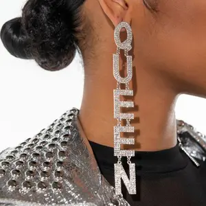 Exaggerated Full Rhinestone Long Earrings Women Party Hip Hop Jewelry QUEEN Letter Earrings