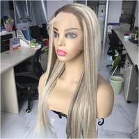 Perruque complète en cheveux humains européens de qualité supérieure, couleur blond doré, lisse, avec dentelle HD sur le devant, pour femmes