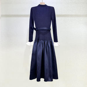 Abito in <span class=keywords><strong>Maglia</strong></span> <span class=keywords><strong>Blu</strong></span> Navy Autunno/Inverno, Vendita all'Ingrosso, Elegante <span class=keywords><strong>Vestito</strong></span> da Festa a Maniche Lunghe con Bottoni e Patchwork - Product Image 2