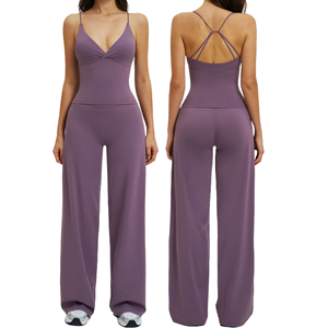 Newest <b>Sexy</b> Deep V Neck Top Cross Waist Wide Leg Pants Sets Stylish Beauty Back Athletic Yoga Workout Fitness <b>Outfits</b> - Product Image 1